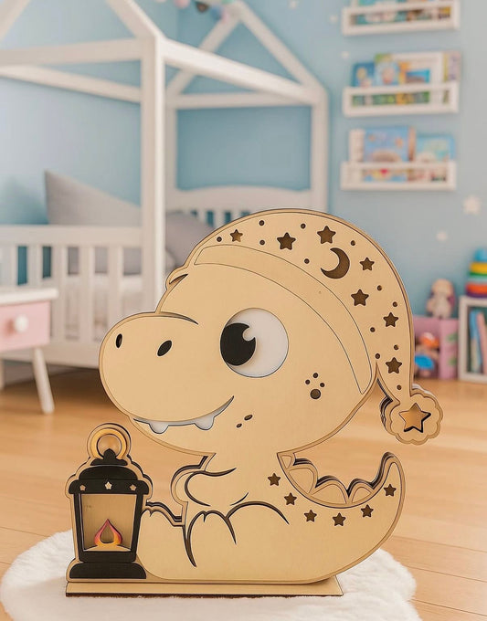 Holz-Wanddeko | Dino mit Schlafmütze